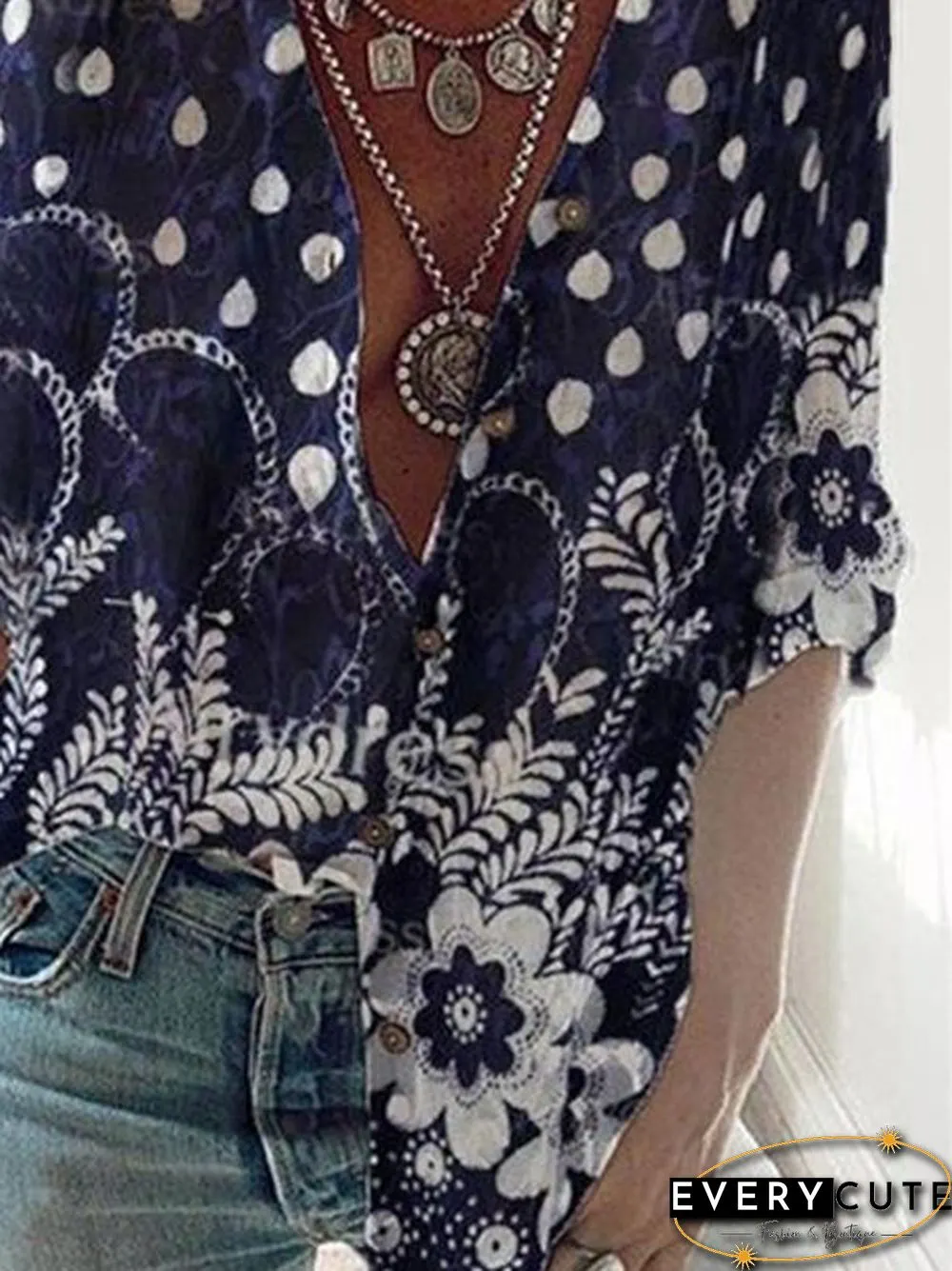 Casual Floral Cotton 3/4 Sleeve Blouse