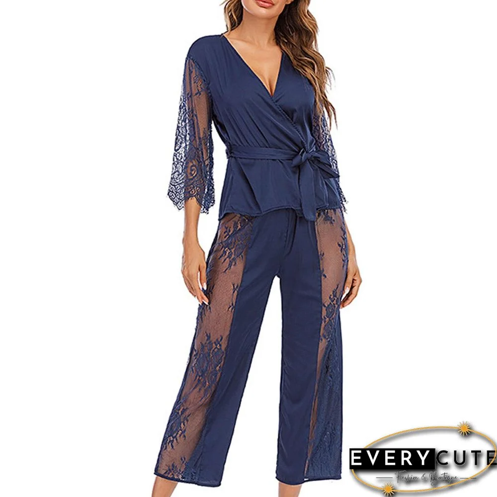 Women 2 Piece Set Sexy Two Piece Fashion Sexy Lace Sets Wear Lounge Wear Pocket Home Sleep Set Tops+pants Suit Female#f30