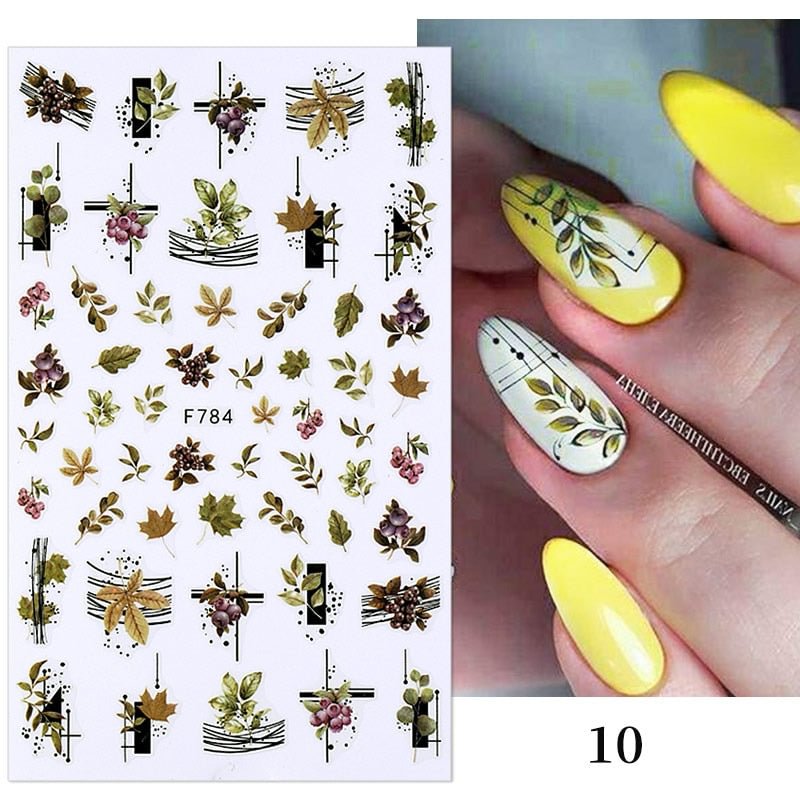 3D Charms Flowers Leaf Nail Foils Stickers Watercolor Abstract Floral Decals Sliders Manicures Nail Art Decorations For Autumn