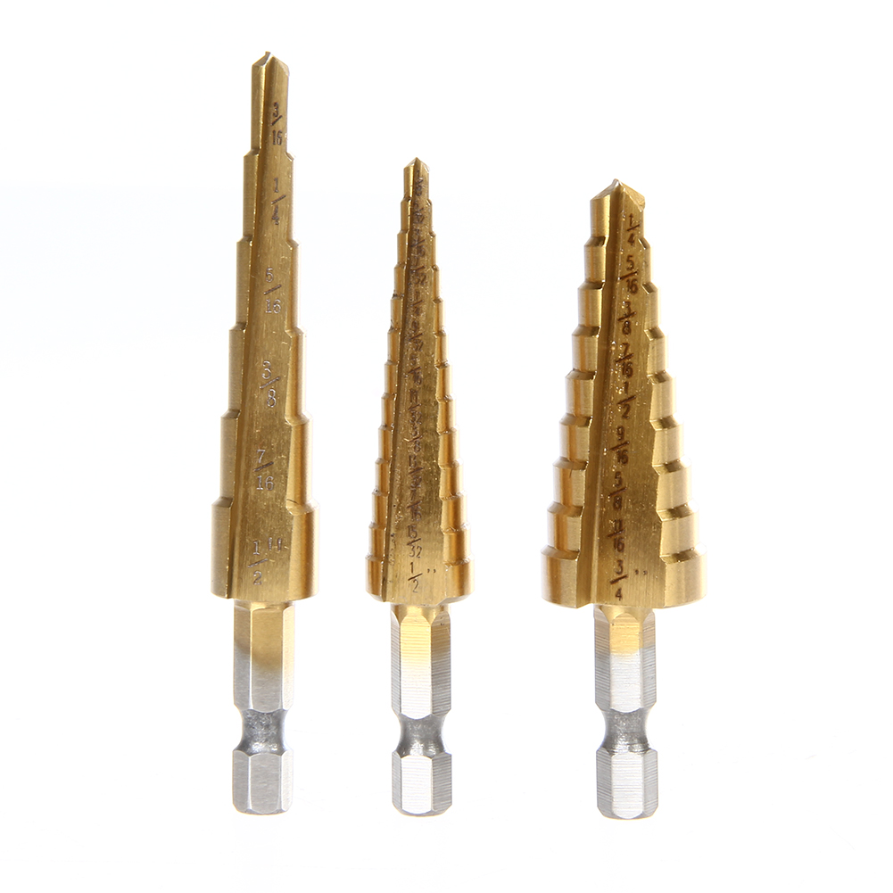 

3pc Quick-change 1/4\\\ Hex Shank larger Titanium Coated Step Drill Bit Set, 501 Original