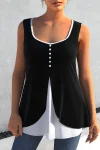 Plus Size Solid Button Detail Faux Two Pieces Tank Top
