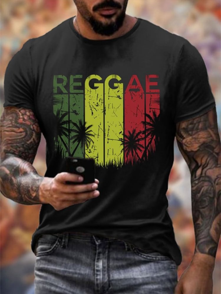Men's Reggae Print Crew Neck Short Sleeve T Shirt