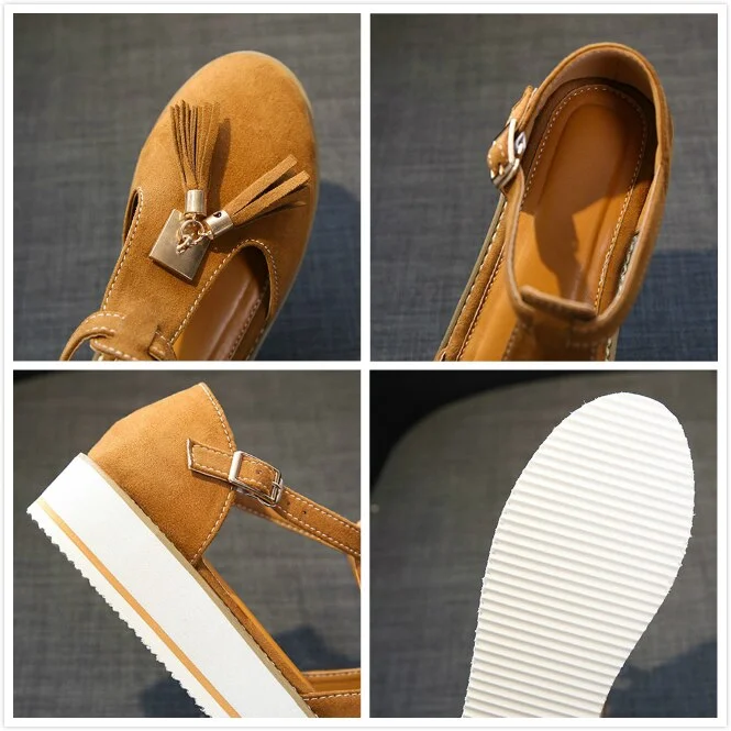 Summer Women Flat Tassel Sandals Fashion Round Toe Platform Heel Sandals Casual Buckle Strap Solid Cover Heel Sandals Ladies New