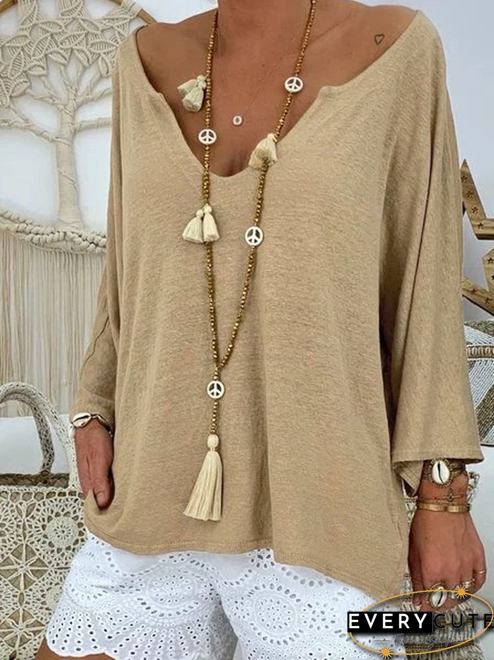 Casual V NeckSolid Cotton T-shirt