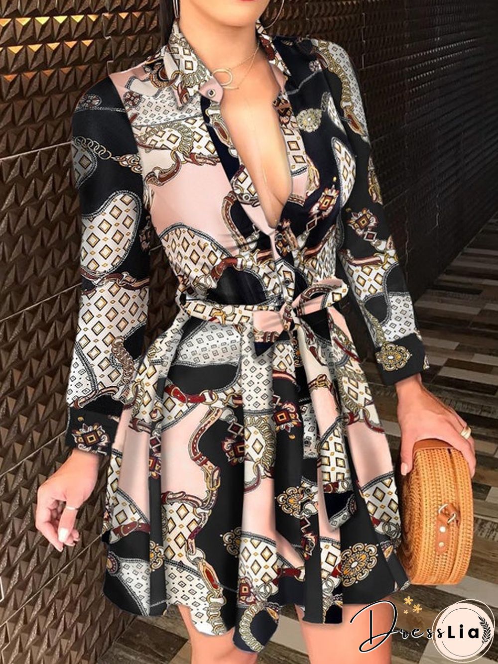 Autumn and Winter New Long Sleeve V-neck Bandage Fashion Sexy Printed Dress