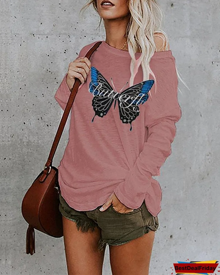 Casual Cotton-Blend Shift Butterfly Print Shirts & Tops