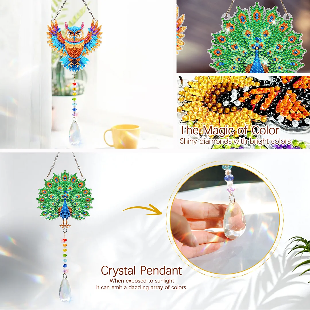 2Pcs Owl Peacock DIY Double-Sided Diamond Painting Hanging Kits Diamond Painting Suncatcher Craft Kit for Home Garden Wall Decor Gift