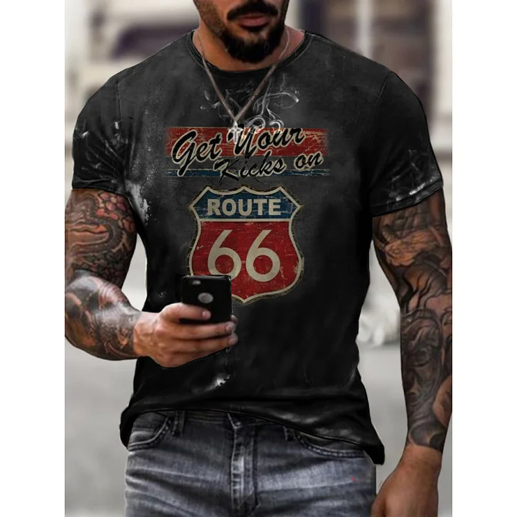 BrosWear Vintage Style Short Sleeve Route 66 Print T-Shirt