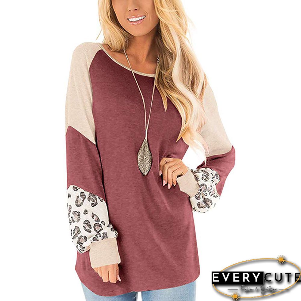 Rust Red Splice Leopard Sleeves Color Block Tops