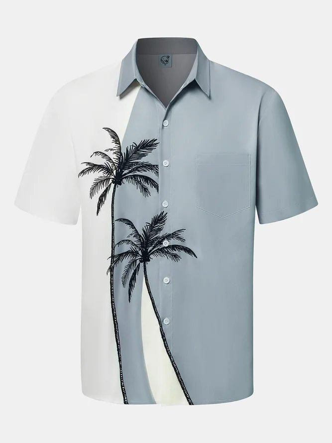 Men's Coconut Tree Colorblock Print Casual Breathable Hawaiian Short Sleeve Shirt with Pockets