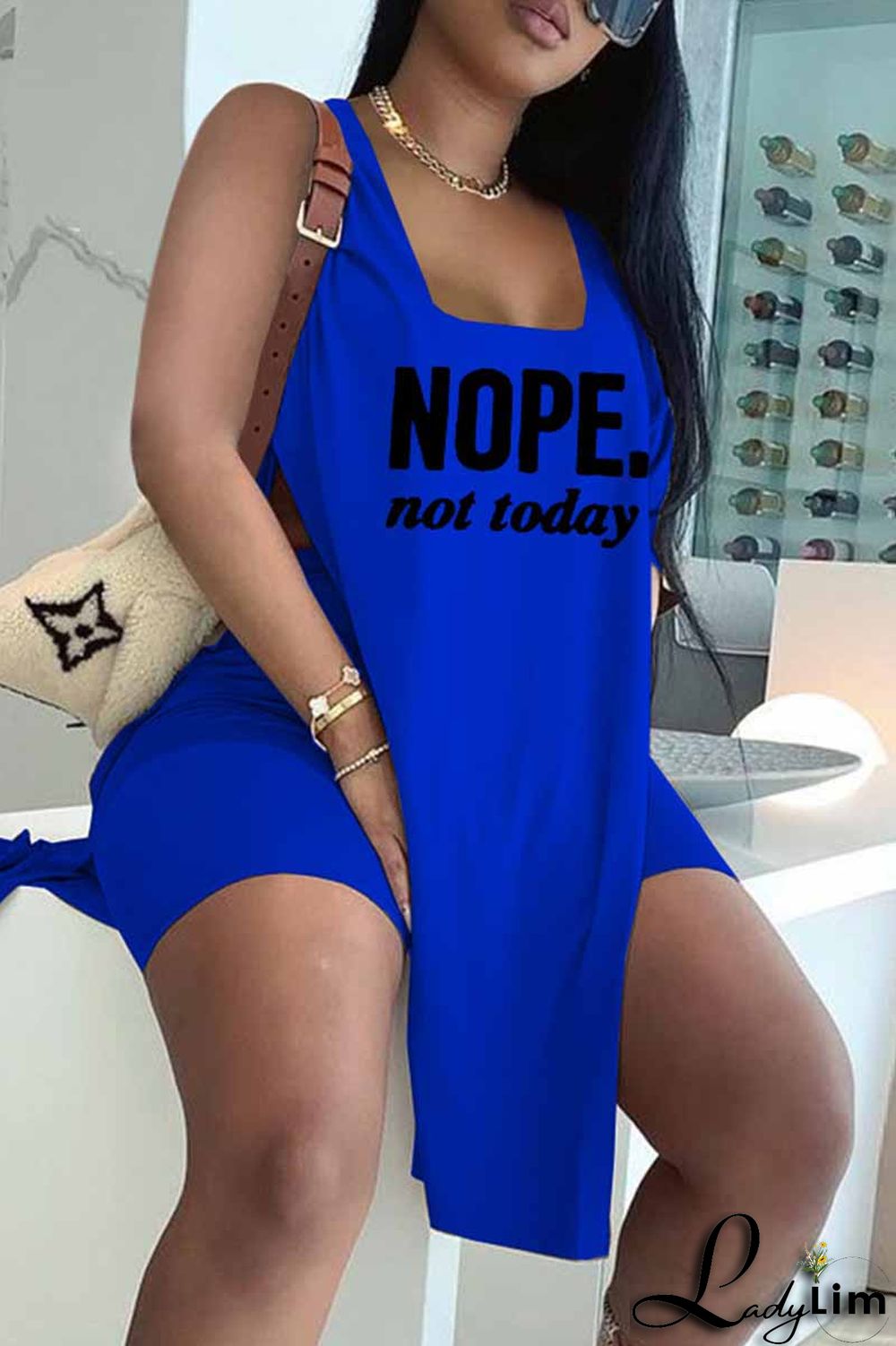 Red Fashion Casual Letter Print Slit U Neck Sleeveless Two Pieces