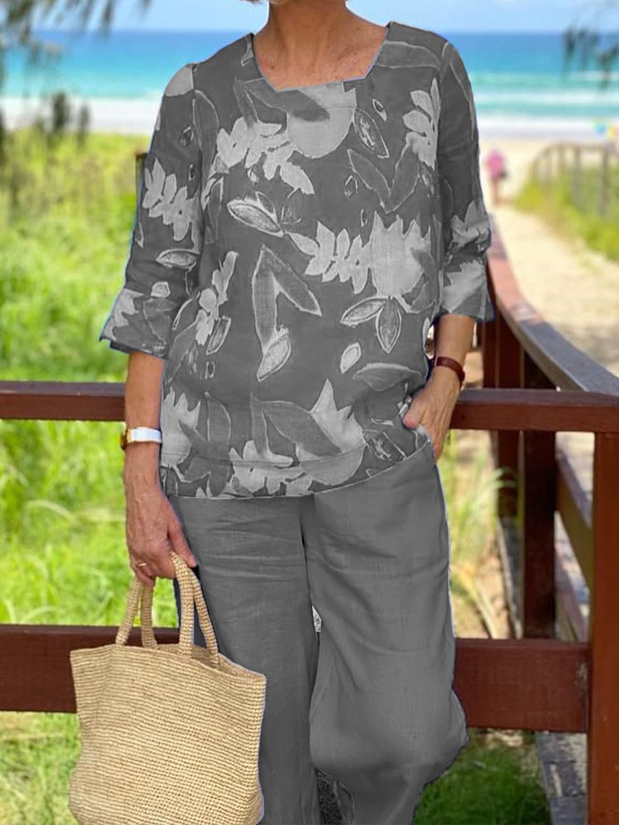 Square Collar Printed Top And Pants Two-Piece Set