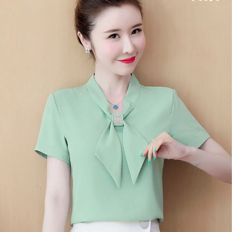 2021 Summer Bow Loose Solid Women Blouses and Tops Solid Bottom Shirts Elegant Fashion Short Sleeve Chiffon Women Shirts 9529