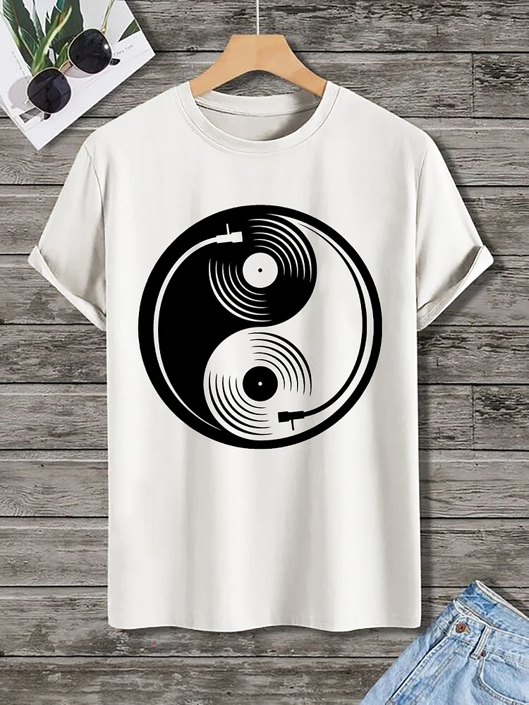 100% Cotton Men's Yin Yang Vinyl Record Print  Casual T-Shirt