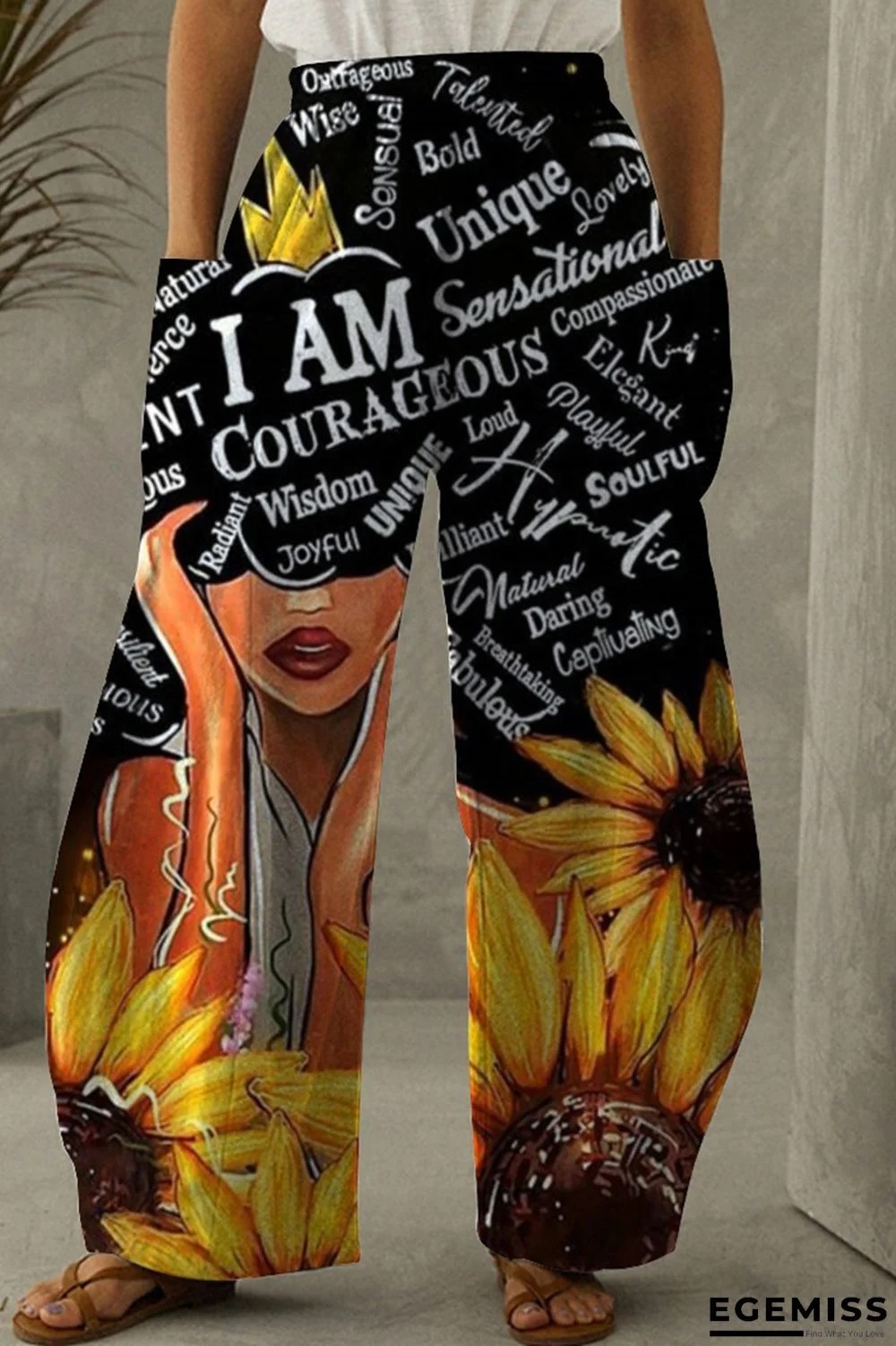 Black Yellow Fashion Casual Print Patchwork Pocket Regular High Waist Trousers | EGEMISS