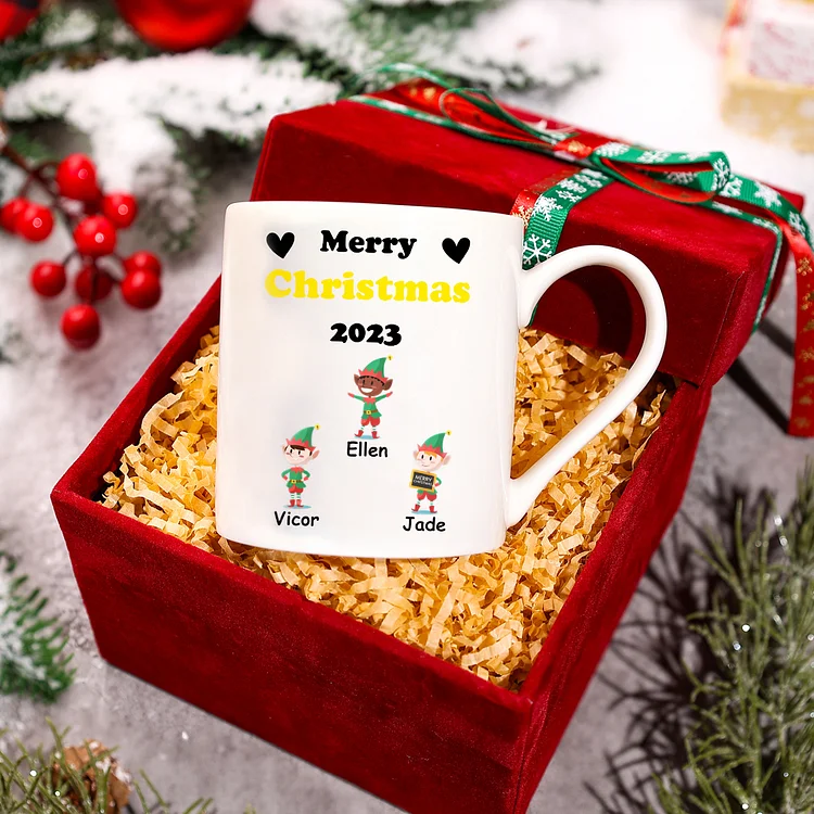 Personalized 1-6 Names Elf Family Mug Set With Gift Box-Christmas Birthday Gift Ceramic Coffee Mug for Family