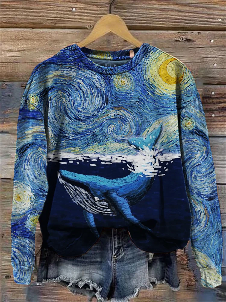 Whale at Starry Night Art Cozy Sweatshirt