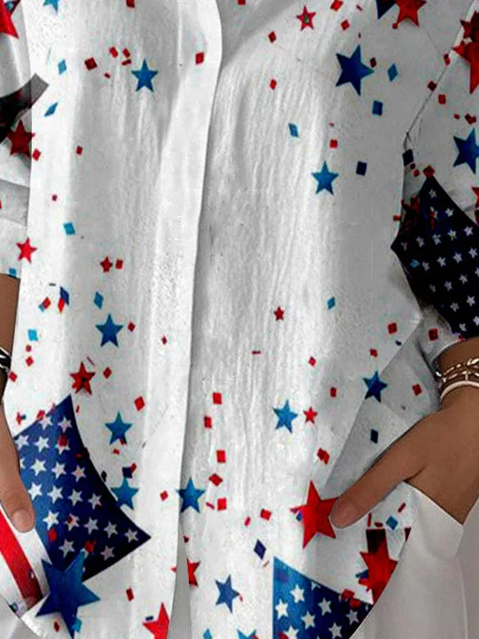 Women 3/4 Sleeve Shirt Collar National Flag Striped Printed Graphic Button Tops