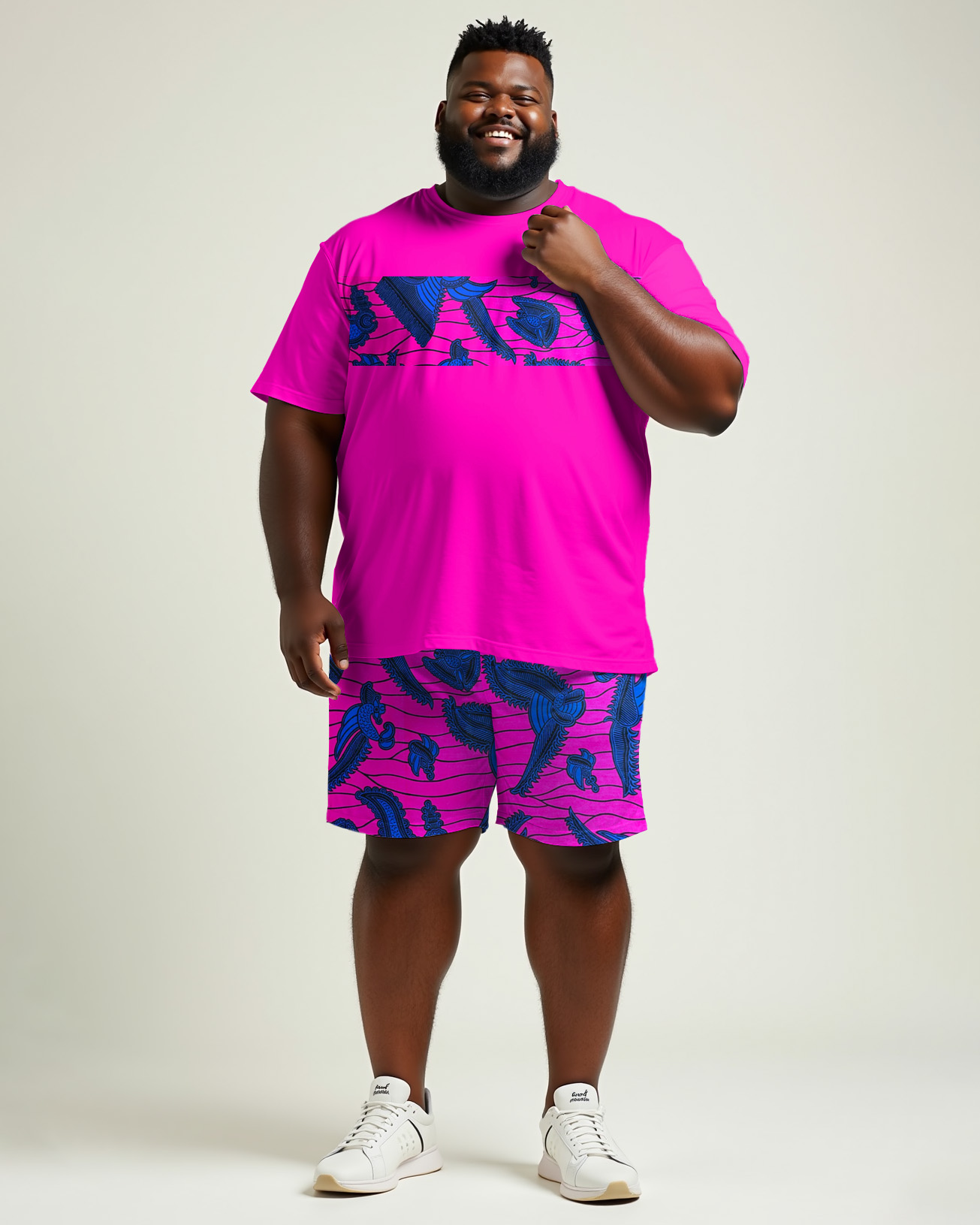 Casual Rose Red Patchwork Printed T-Shirt Shorts Suit Men's Plus Size