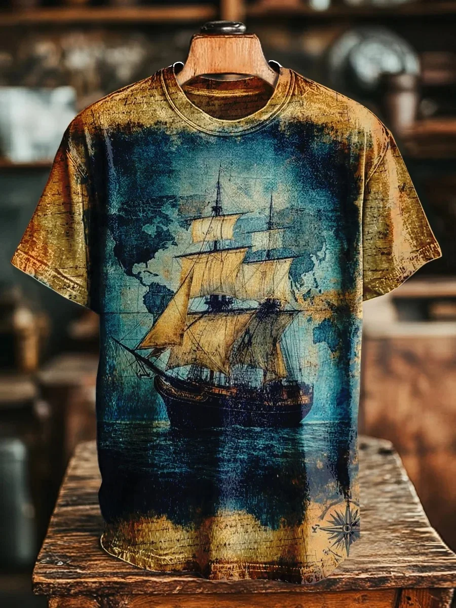Eagerlys Retro Mysterious Sailboat Art Print T-shirt Eagerlys