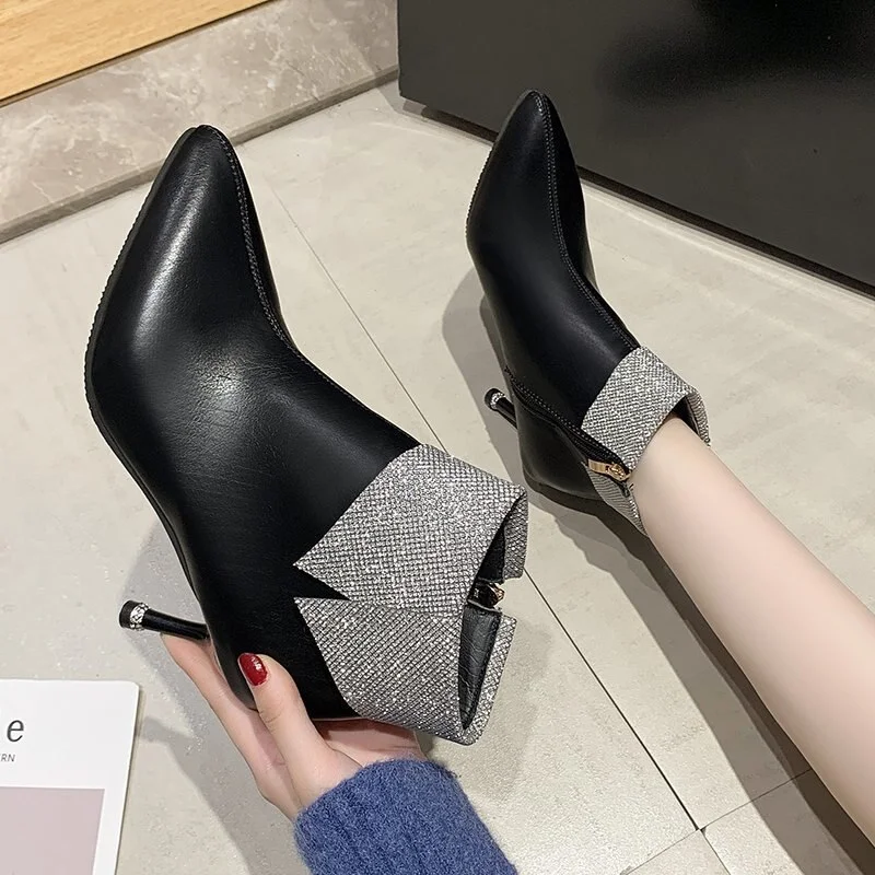 Qengg Soft Leather Thin Heels Ankle Boots Women's Crystal Cuffed Winter Shoes Elegant Pointed Toe Keep Warm Short Booties Ladies