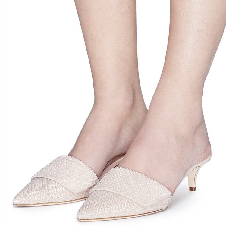 Ivory Glitter Kitten Heels Pointy Toe Mules |FSJ Shoes