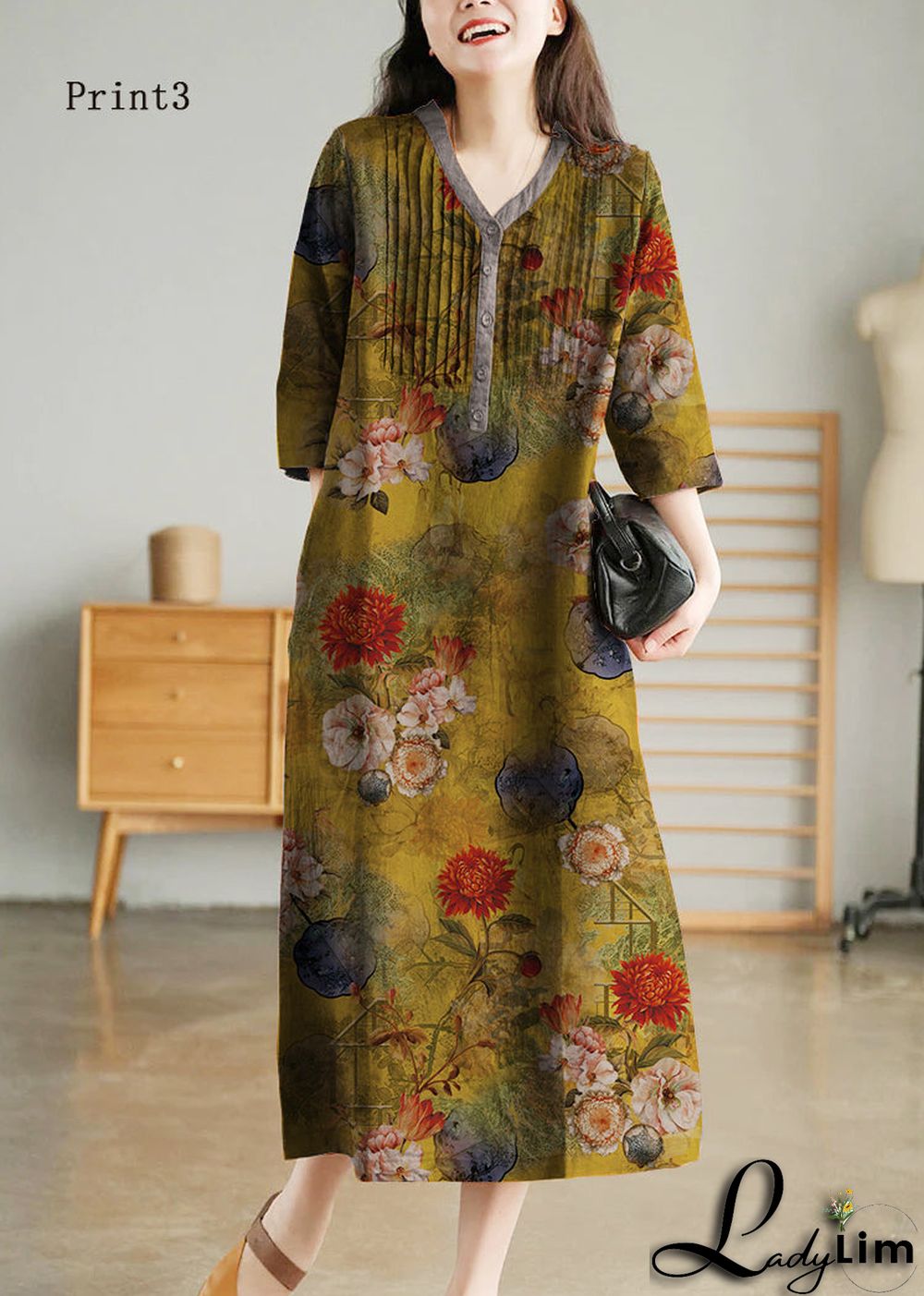 Grey Print6 Loose Linen Long Dresses Button Solid Half Sleeve