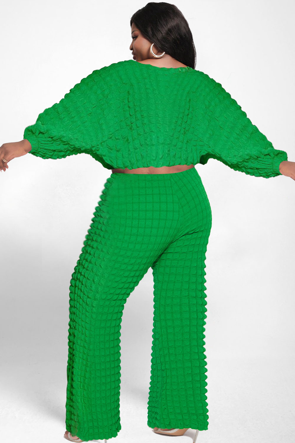 Plus Size Casual Green Fall Winter Crew Neck Batwing Sleeve Long Sleeve Knitted Two Piece Pant Sets