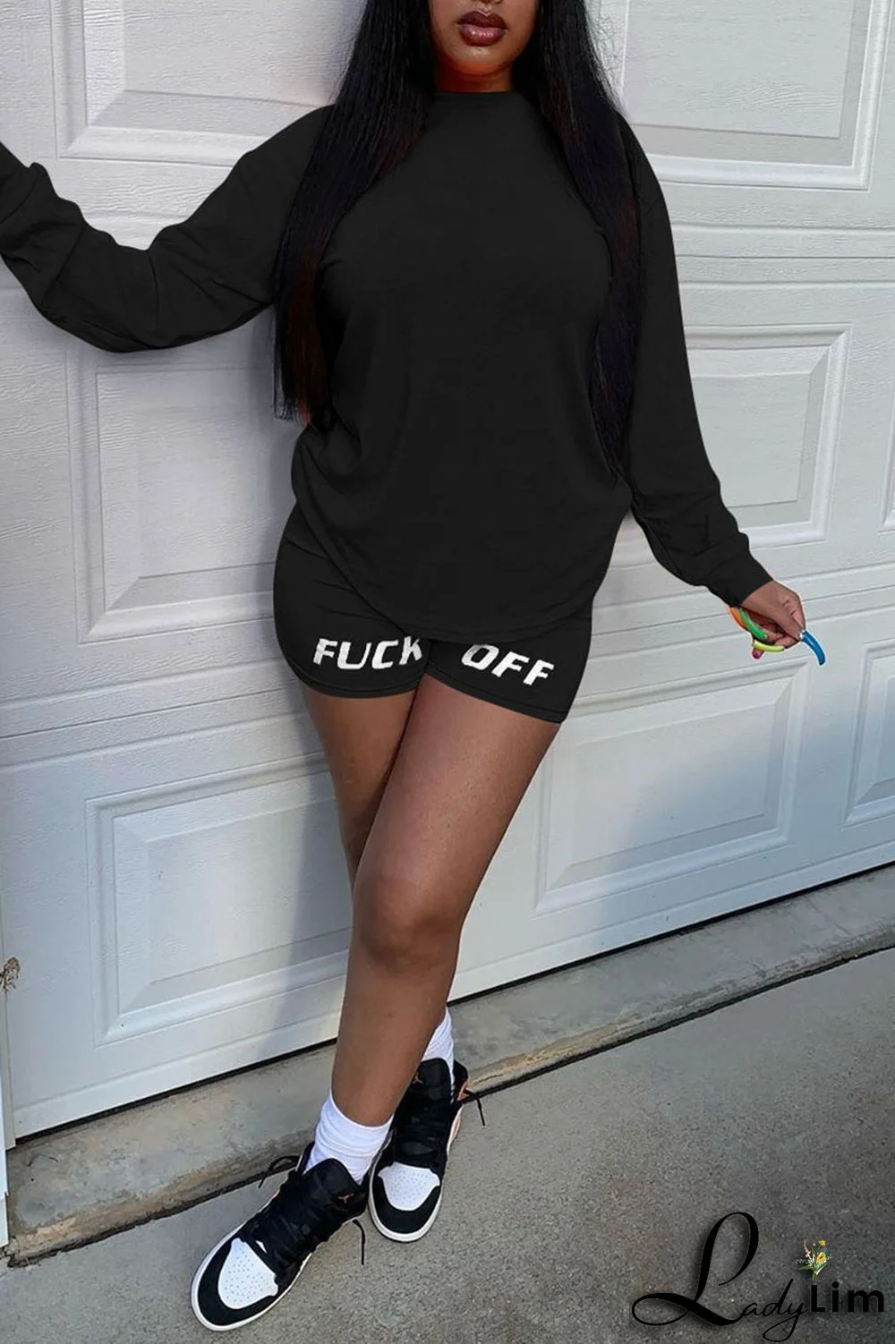 Tangerine Red Casual Print Split Joint O Neck Long Sleeve Two Pieces