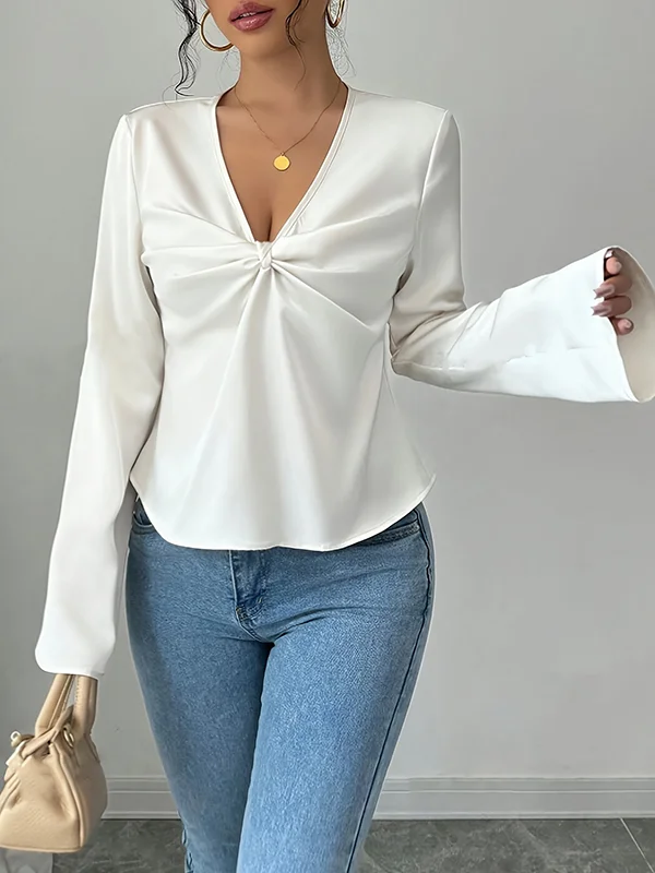 Pleated Solid Color Split-Joint Long Sleeves Loose V-neck Blouses&shirts Tops