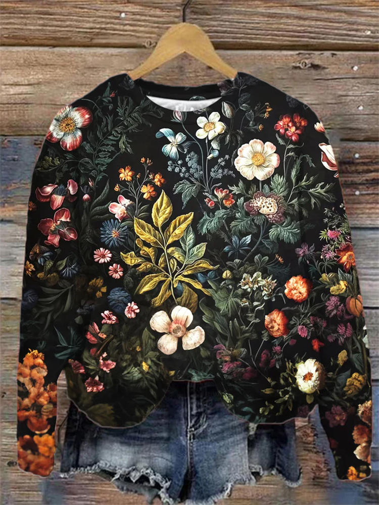 Vintage Floral Botanical Print Round Neck Sweatshirt