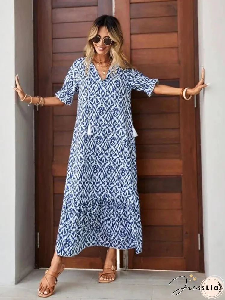 Spring Summer Boho Women Maxi Dress Casual Short Sleeve A-eline Flounce Beach Woman