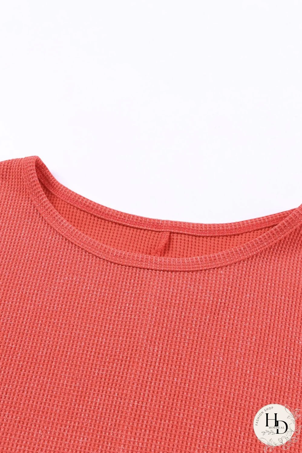 Washed Red Waffle Knit Side Slit Long Sleeve Top