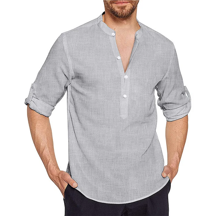BrosWear Solid Color Henley Collar Long Sleeve Shirt