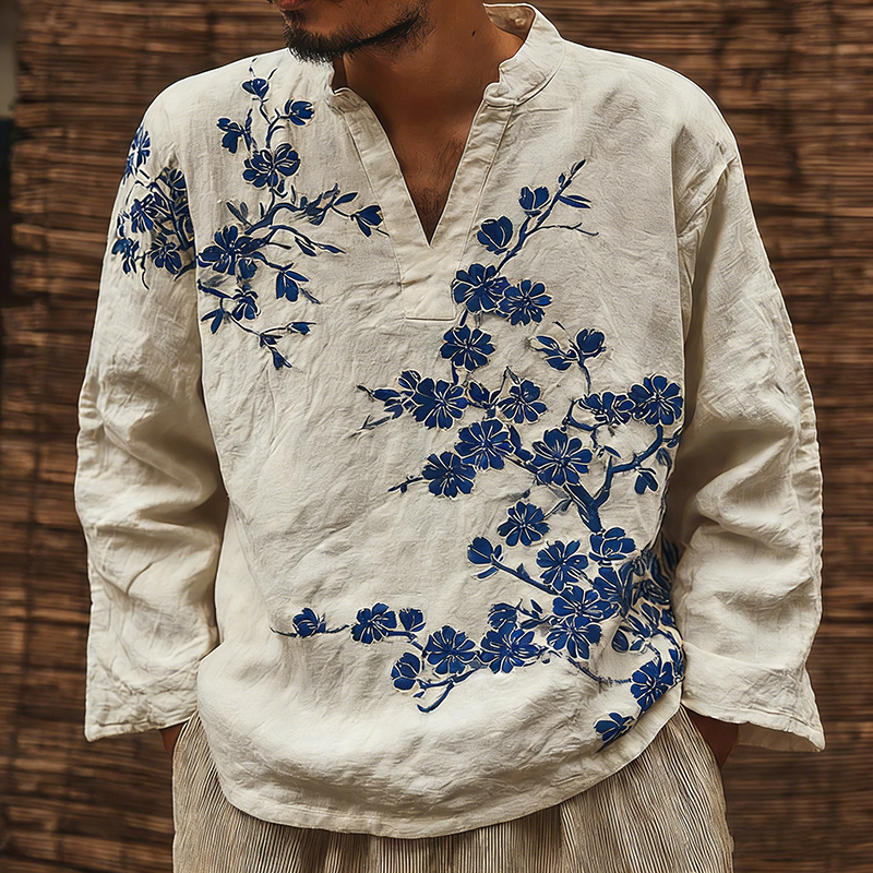 Retro Japanese Plum Blossom Pattern Linen V-neck Shirt  artssus