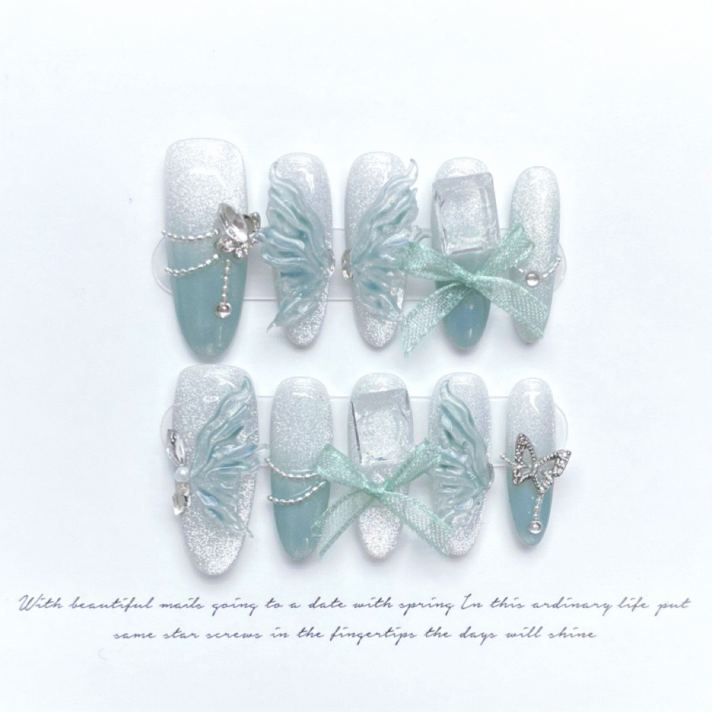 Jade Butterfly Nails with Ice Sand Cat Eye Super Sparkling Fairy Nails