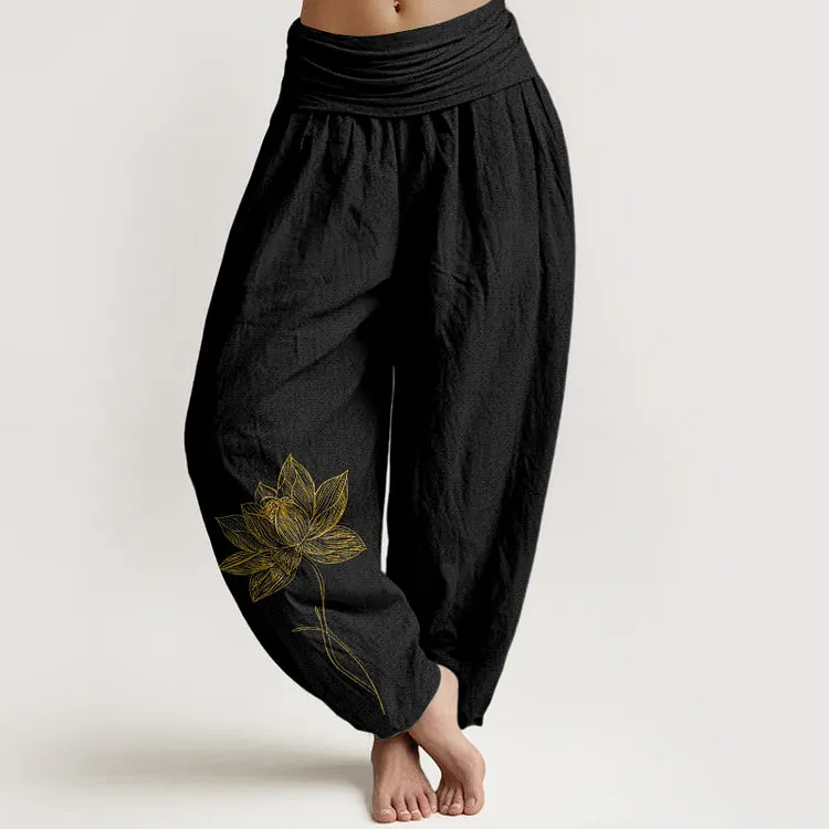 Cotton Elegant Lotus Flower Pattern Women's Elastic Waist Harem Pants