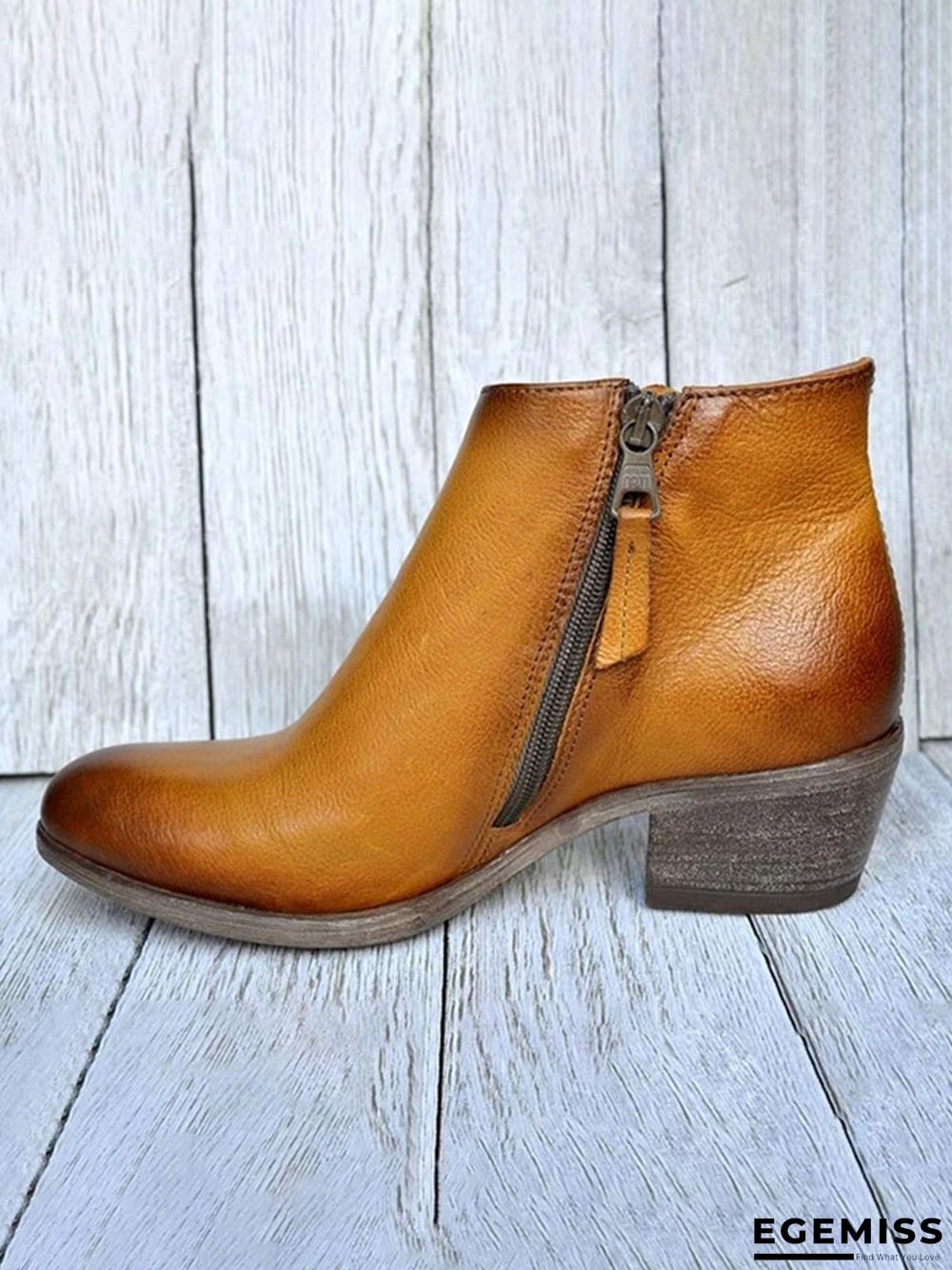 Retro Distressed Polished Color Zipper Thick Heel Pointed Ankle Boots | EGEMISS