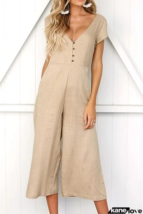 Button Pocket V Neck Jumpsuit