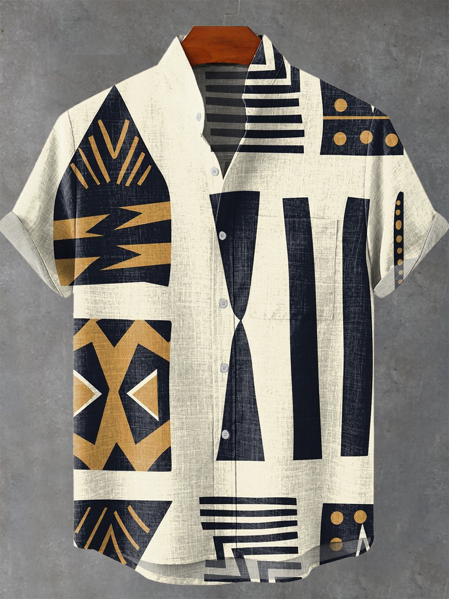 Vintage Abstract African Geometric Painting Art Print Casual 100% Cotton Shirt