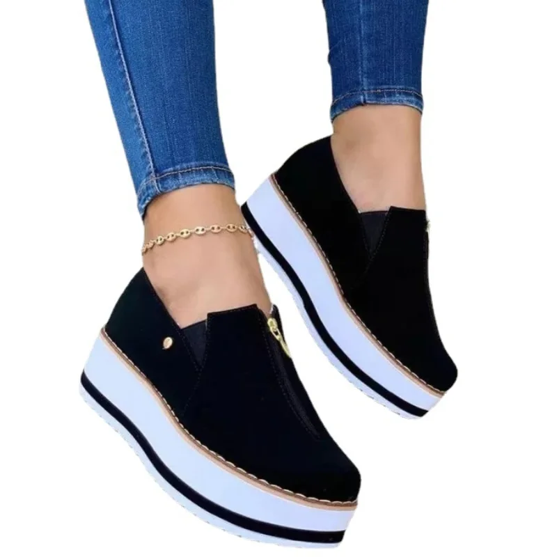 Qengg New Women Casual Shoes Fashion Round Toe Platform Wedge Loafers Slip-On Lightweight Comfortable Vulcanized Shoes Sapatos Casuais