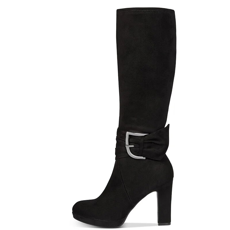 TAAFO Black Platform Knee Long Boots High Chunky Heels Women Round Toe Zipper Ladies Buckle Shoes