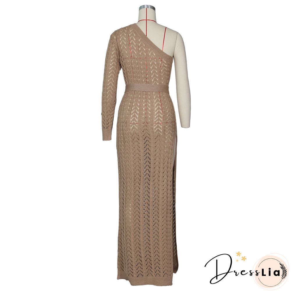 Women Sexy One Shoulder Long Sleeve Hollow Out Knitted High Slit Bodycon Maxi Club Party Beach Dress
