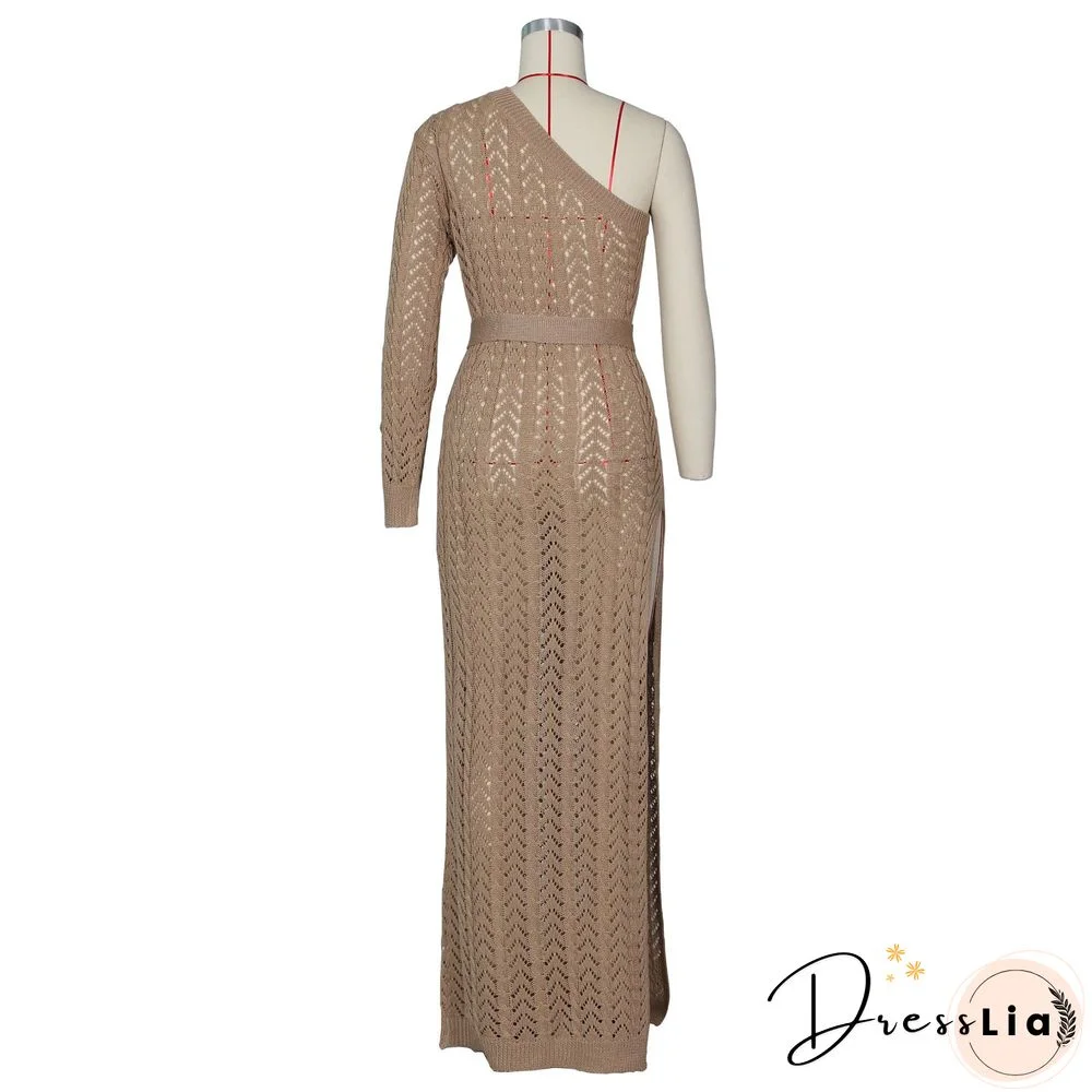 Women Sexy One Shoulder Long Sleeve Hollow Out Knitted High Slit Bodycon Maxi Club Party Beach Dress