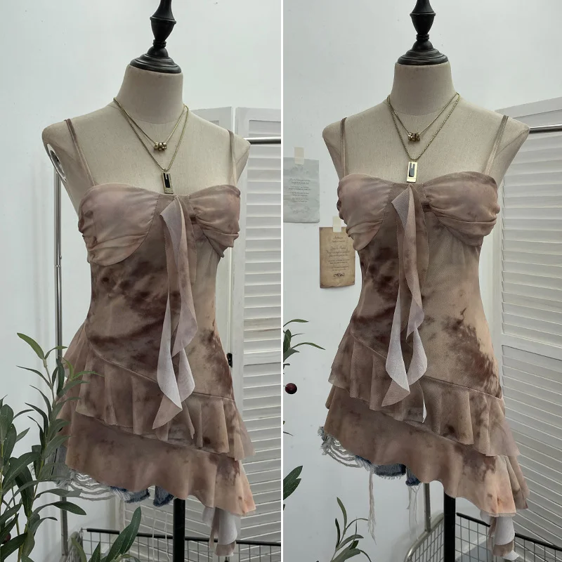 Uveng Real Shooting 2025 Spring And Summer New With Chest Cushions Dyed Mesh Sling Sling Vest Irregular Lotus Leaf Side Top 1139