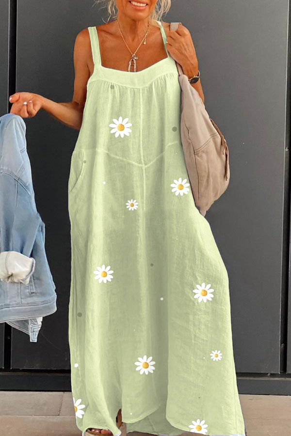 Women's Green Fresh Daisy Large Size Loose Strap Printed Dress Long Skirt socialshop
