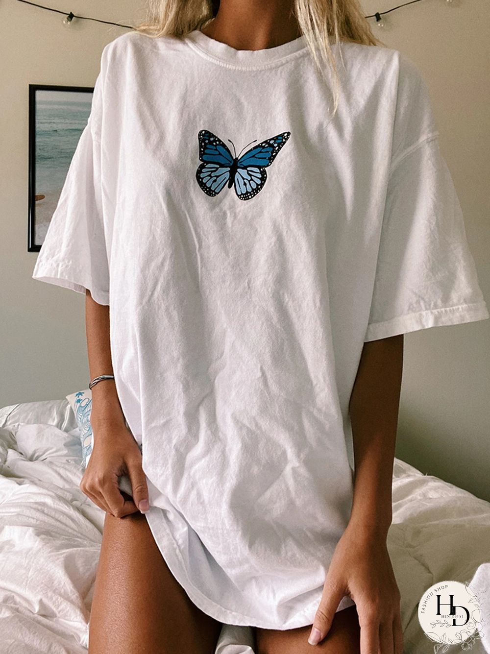 Casual Round Neck Short Sleeve Butterfly Print T-Shirt