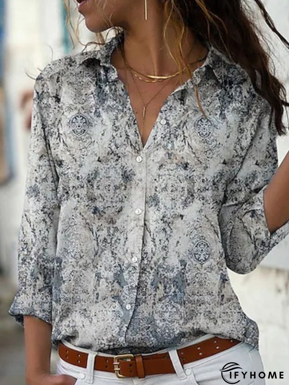 Women's Daily Casual Boho Long Sleeve Shirt Collar Printed Blouse | IFYHOME