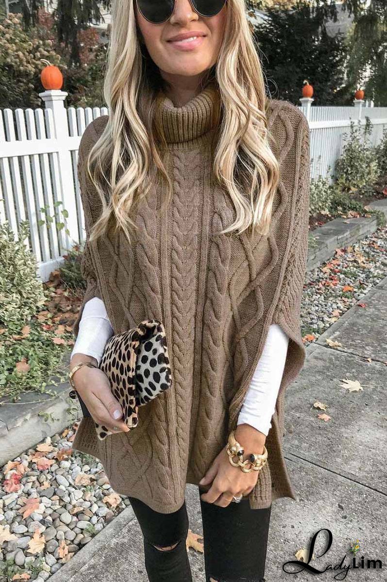 High Neck Loose Cable Knit Pattern Stitching Sweater Tops （7 Colors）