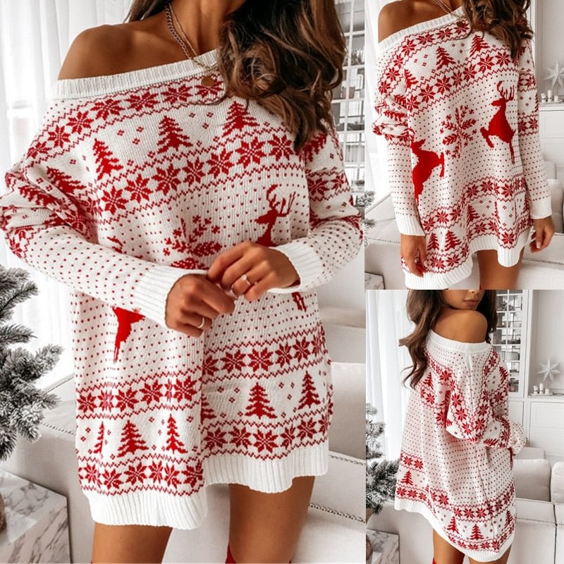 Christmas Sweater Dress Women Loose Casual Mini Party Dress-elleschic